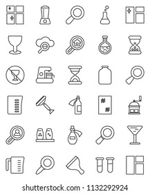 thin line vector icon set - scraper vector, window cleaning, shining, measuring cup, hand mill, spices, jar, magnifier, no alcohol sign, glass, flask, vial, sand clock, potion, cloud, search estate