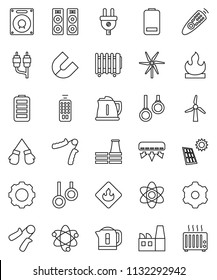 thin line vector icon set - kettle vector, atom, magnet, hand trainer, boxing glove, gymnast rings, flammable, remote control, battery, rca, gear, solar panel, windmill, air conditioner, factory