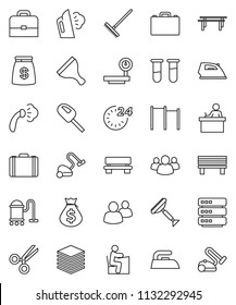 thin line vector icon set - scraper vector, vacuum cleaner, rake, iron, steaming, student, case, money bag, horizontal bar, big scales, group, vial, scissors, data, bench, 24 hour