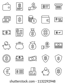 thin line vector icon set - dollar coin vector, credit card, wallet, cash, money bag, piggy bank, investment, stack, check, receipt, shield, euro sign