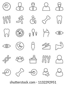 thin line vector icon set - student vector, manager, man, muscule hand, buttocks, stairways run, bone, client, group, disabled, eye, dna, pregnancy, insemination, chromosomes, sperm, ovule, tooth