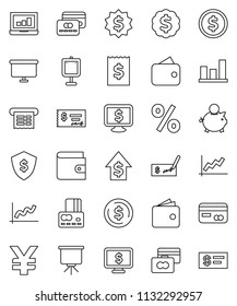 thin line vector icon set - presentation vector, dollar coin, graph, laptop, credit card, wallet, piggy bank, growth, check, receipt, board, medal, shield, monitor, yen sign, percent