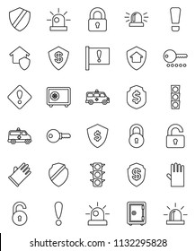 thin line vector icon set - rubber glove vector, dollar shield, safe, attention, traffic light, amkbulance car, lock, unlock, sign, siren, home protect, password