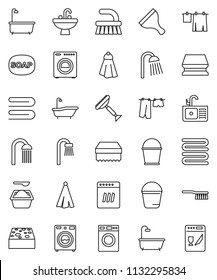 thin line vector icon set - soap vector, scraper, fetlock, bucket, sponge, towel, bath, drying clothes, washer, washing powder, shower, sink, dishwasher