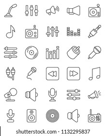 thin line vector icon set - music vector, disk, microphone, radio, speaker, loudspeaker, settings, equalizer, forward button, backward, rca, jack