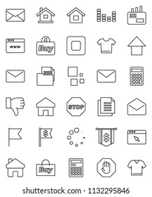 thin line vector icon set - calculator vector, flag, arrow up, dollar, document, equalizer, finger down, mail, stop button, browser, home, loading, house, buy, clothes