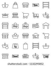 thin line vector icon set - office vector, cargo, warehouse, weight, shelving, open, closed, shopping bag, market, store, mall, buy, basket, cart, scales