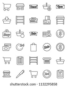thin line vector icon set - pen vector, dollar coin, cart, credit card, office, shelving, sale, open, closed, 24 hour, shopping bag, market, store, mall, buy, receipt, basket, list