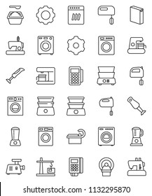 thin line vector icon set - washer vector, washing powder, mixer, double boiler, blender, tomography, gear, construction crane, card reader, dishwasher, coffee maker, meat grinder, sewing machine