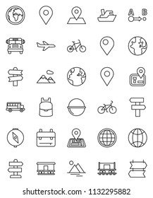 thin line vector icon set - camping cauldron vector, backpack, compass, school bus, world, bike, signpost, navigator, earth, map pin, Railway carriage, plane, ship, route, globe, mountain