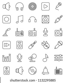 thin line vector icon set - bell vector, music, disk, hit, microphone, radio, speaker, equalizer, headphones, play button, forward, rec, jack