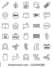 thin line vector icon set - jar vector, pen, medal, personal information, pound, muscule hand, shorts, cereals, no hook, weight, barcode, message, low price signboard, smart home, protect, new, buy