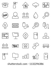 thin line vector icon set - water drop vector, welcome mat, sprayer, percent growth, consolidated cargo, top sign, sorting, classic phone, magnifier, broken bone, counter, network folder, bench