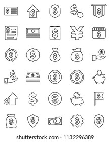 thin line vector icon set - exchange vector, dollar coin, cash, money bag, piggy bank, investment, growth, receipt, medal, flag, shield, calendar, cursor, yen sign