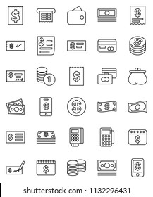 thin line vector icon set - credit card vector, cash, coin stack, check, receipt, dollar calendar, money, wallet, reader, tap pay