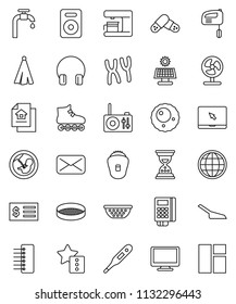 thin line vector icon set - scoop vector, colander, towel, sieve, receipt, sand clock, roller Skates, headphones, monitor, notebook pc, speaker, mail, thermometer, pregnancy, pills, chromosomes, hub