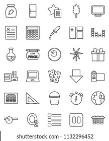thin line vector icon set - bucket vector, window cleaning, cereal, corner ruler, notebook pc, alarm clock, schedule, world, personal information, flask, calculator, arrow down, breads, oxygen, menu