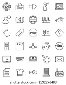 thin line vector icon set - sprayer vector, pan, colander, document, laptop graph, scales, t shirt, no fastfood, first aid kit, speaking man, notebook pc, pills, connect, server, arrow, loading, new