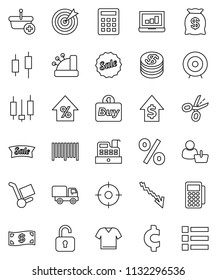 thin line vector icon set - japanese candle vector, laptop graph, crisis, percent growth, dollar, target, cent sign, coin, cash, money bag, sale, customer, buy, barcode, card reader, cashbox, basket