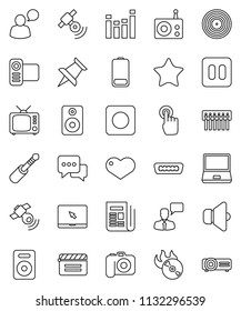 thin line vector icon set - cinema clap vector, disk, music hit, camera, radio, satellitie, newspaper, speaker, tv, equalizer, video, touchscreen, dialog, speaking man, notebook pc, favorites, heart