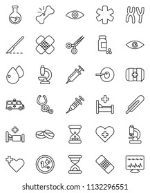 thin line vector icon set - flask vector, pills vial, first aid kit, ambulance star, heart cross, thermometer, eye, insemination, syringe, scissors, scalpel, broken bone, sand clock, patch, microbs