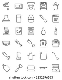 thin line vector icon set - sponge vector, plates, pan, kettle, oil, scales, apron, cook timer, whisk, spatula, ladle, meat hammer, cutting board, grater, microwave oven, blender, dishwasher, fridge