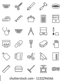 thin line vector icon set - rake vector, sponge, toilet brush, rubber glove, pan, colander, measuring cup, cook press, rolling pin, meat hammer, cutting board, grater, double boiler, sieve, pen