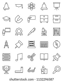 thin line vector icon set - book vector, graduate hat, blackboard, corner ruler, drawing compass, glasses, student, atom, pen, microscope, bell, schedule, paper pin, award cup, medal, magnet, abacus
