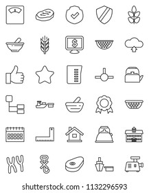 thin line vector icon set - kettle vector, colander, measuring cup, steak, university, corner ruler, medal, calendar, monitor dollar, scales, cereals, port, no hook, protected, finger up, mortar