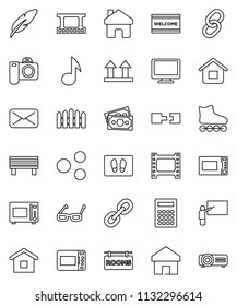 thin line vector icon set - welcome mat vector, microwave oven, pen, blackboard, glasses, calculator, music, roller Skates, money, top sign, film frame, monitor, link, mail, share, home, bench