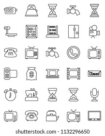 thin line vector icon set - water tap vector, kettle, alarm clock, abacus, sand, phone, big scales, film frame, tv, video camera, microphone, classic, fridge, money bag, closed, sewing machine