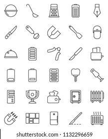 thin line vector icon set - camping cauldron vector, spatula, ladle, knife, grater, toaster, blender, dish, pen, award cup, magnet, safe, hand trainer, consolidated cargo, battery, scalpel, fridge
