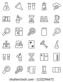 thin line vector icon set - scraper vector, window cleaning, shining, measuring cup, hand mill, spices, jar, magnifier, flask, vial, sand clock, potion, cloud glass, search estate, client, blender