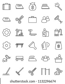 thin line vector icon set - scraper vector, vacuum cleaner, rake, iron, steaming, student, case, money bag, horizontal bar, big scales, group, scissors, gear, bench, construction crane