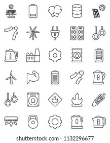 thin line vector icon set - kettle vector, weight, hand trainer, muscule, boxing glove, gymnast rings, flammable, oil barrel, remote control, battery, gear, solar panel, windmill, air conditioner