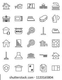 thin line vector icon set - fetlock vector, mop, sponge, window cleaning, iron, steaming, shining, microwave oven, university, school building, dry cargo, house, cottage, estate document, office