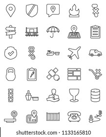 thin line vector icon set - signpost vector, navigator, map pin, Railway carriage, plane, satellite, traffic light, phone, client, traking, sea container, car, port, consolidated cargo, clipboard