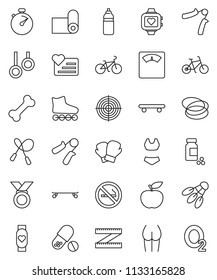 thin line vector icon set - diet vector, measuring, scales, stopwatch, pills vial, bike, jump rope, hand trainer, buttocks, boxing glove, swimsuite, roller Skates, skateboard, target, medal, bone