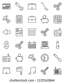 thin line vector icon set - spatula vector, ladle, mixer, scissors, abacus, music, piggy bank, case, annual report, tie, calendar, dollar sign, shorts, clock, radio, satellitie, menu, arrow