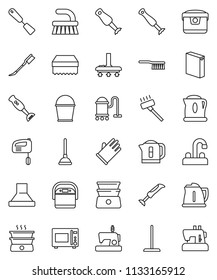 thin line vector icon set - plunger vector, vacuum cleaner, fetlock, mop, bucket, sponge, car, washing powder, rubber glove, water tap, kettle, spatula, microwave oven, double boiler, blender, mixer