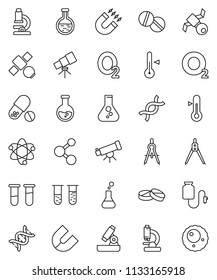 thin line vector icon set - thermometer vector, drawing compass, atom, telescope, microscope, magnet, flask, pills, molecule, oxygen, satellite, vial, dna, drop counter, ovule