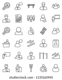 thin line vector icon set - blackboard vector, student, manager, man, personal information, horizontal bar, stairways run, client, speaking, group, disabled, doctor, crutches, login, search
