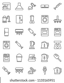 thin line vector icon set - vacuum cleaner vector, bucket, kettle, scales, oven, blender, air conditioner, fridge, washer, coffee maker, hood