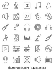 thin line vector icon set - bell vector, music, disk, hit, microphone, radio, speaker, equalizer, headphones, play button, forward, backward, jack