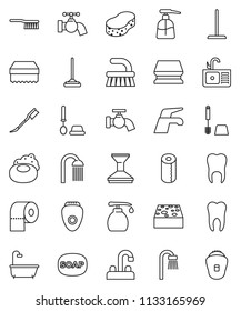 thin line vector icon set - soap vector, water tap, fetlock, mop, sponge, car, toilet brush, liquid, paper, shower, sink, tooth, bath, epilator