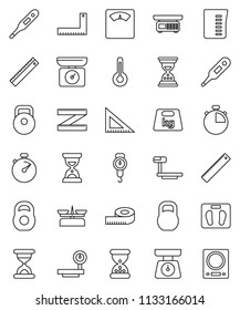 thin line vector icon set - measuring cup vector, scales, corner ruler, sand clock, stopwatch, weight, big, thermometer, store, kitchen