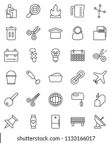thin line vector icon set - bucket vector, trash bin, foam basin, measuring cup, whisk, student, backpack, scissors, world, constellation, heart monitor, calendar, plane, document, dry cargo, search