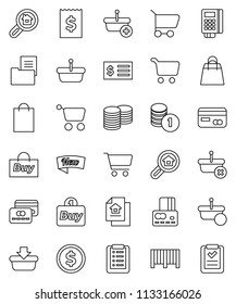 thin line vector icon set - dollar coin vector, cart, credit card, stack, receipt, estate document, search, new, shopping bag, buy, barcode, reader, basket, list