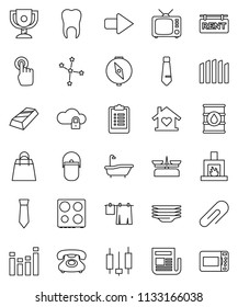 thin line vector icon set - bath vector, drying clothes, plates, camping cauldron, oven, compass, award cup, constellation, gold ingot, japanese candle, tie, clipboard, phone, oil barrel, newspaper