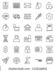 thin line vector icon set - plunger vector, fetlock, trash bin, toilet, water closet, scales, toaster, schedule, university, sand clock, dollar sign, stopwatch, shuttlecock, phone 24, support, gear